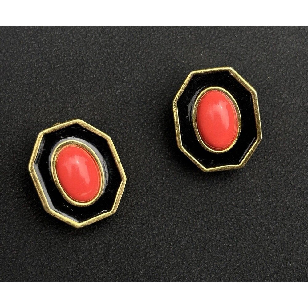 Vintage Givenchy 1977 Clip On Earrings Red Cabochon Black Enamel Gold Tone